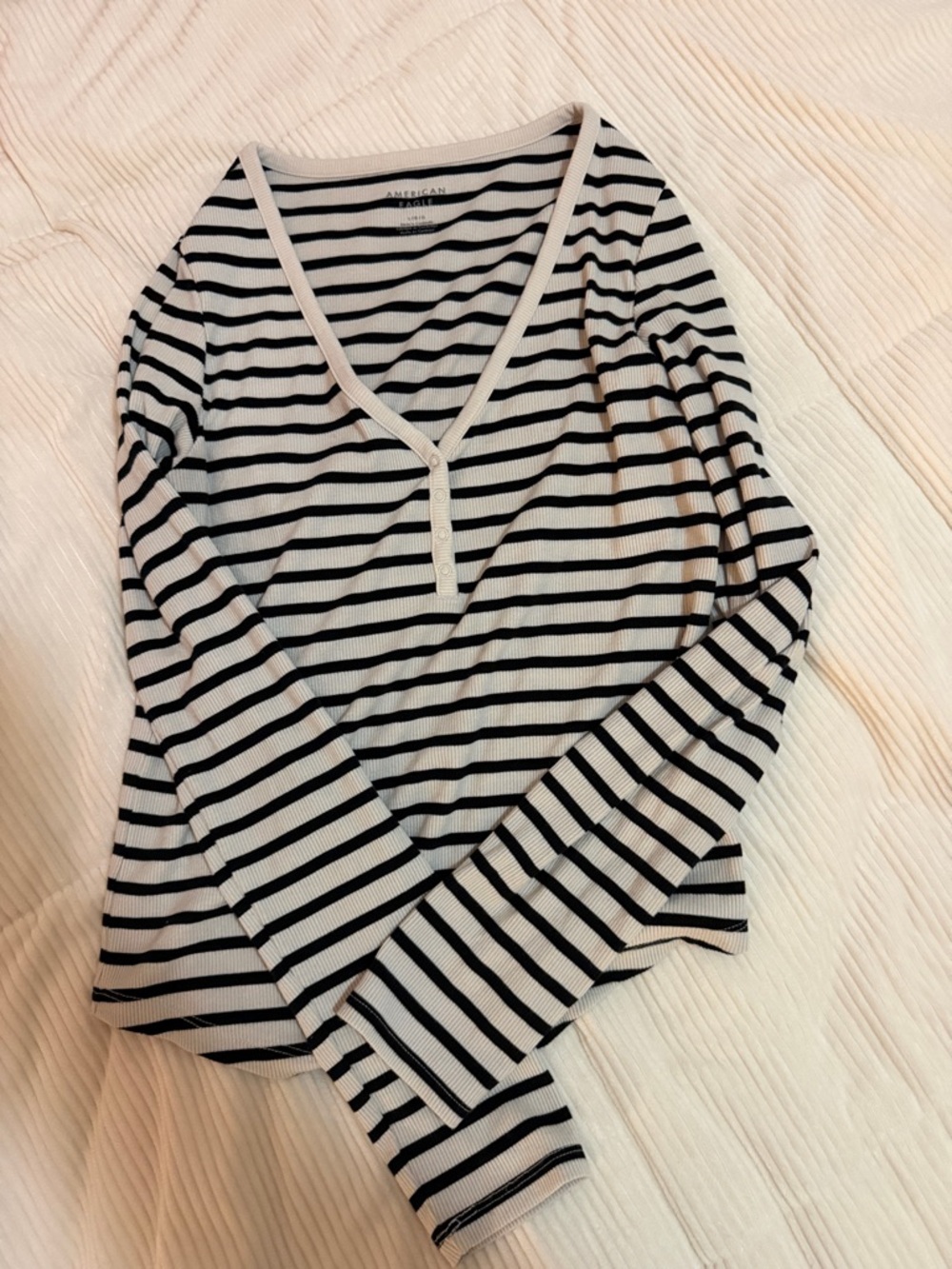 American Eagle Outfitters Black and White Striped Henley Long Sleeve Tee